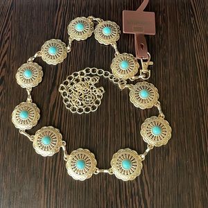 M/L Gold Tone/Faux Turquoise Metal Chain Belt